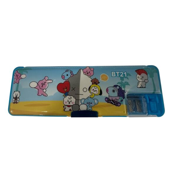 BT21 Pencil Case Blue with Sharpener BTS Characters Kawaii Kpop Tata Cooky - Picture 1 of 4